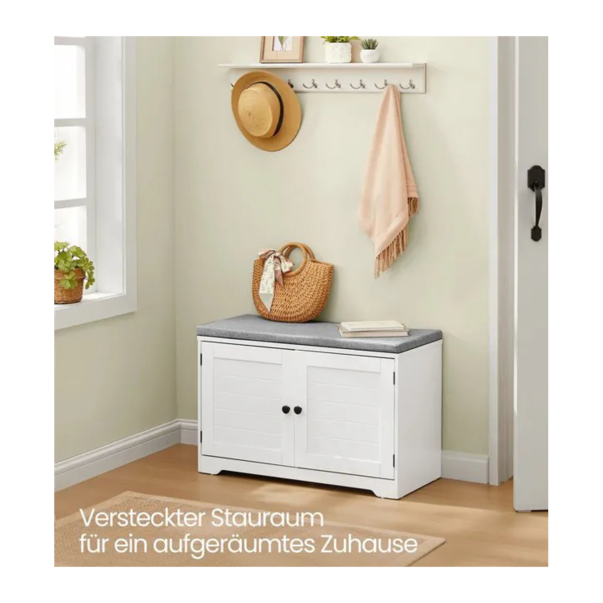 VASAGLE Sitzbank mit Stauraum und Drehtüren in Landhaus-Optik, Weiß-Grau, B: 81 cm, T: 35,5 cm, H: 52,5 cm - Bild 1