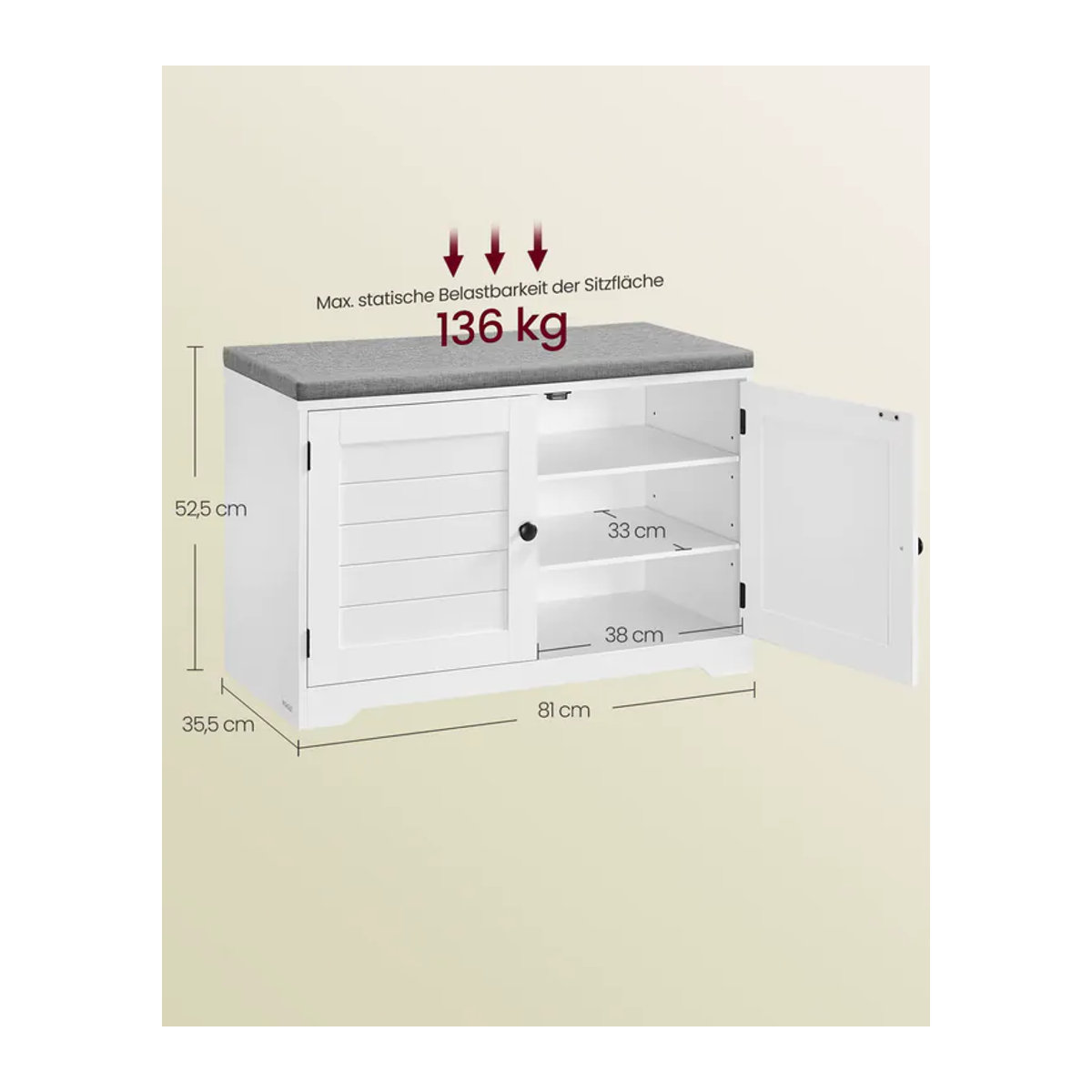 VASAGLE Sitzbank mit Stauraum und Drehtüren in Landhaus-Optik, Weiß-Grau, B: 81 cm, T: 35,5 cm, H: 52,5 cm - Bild 3