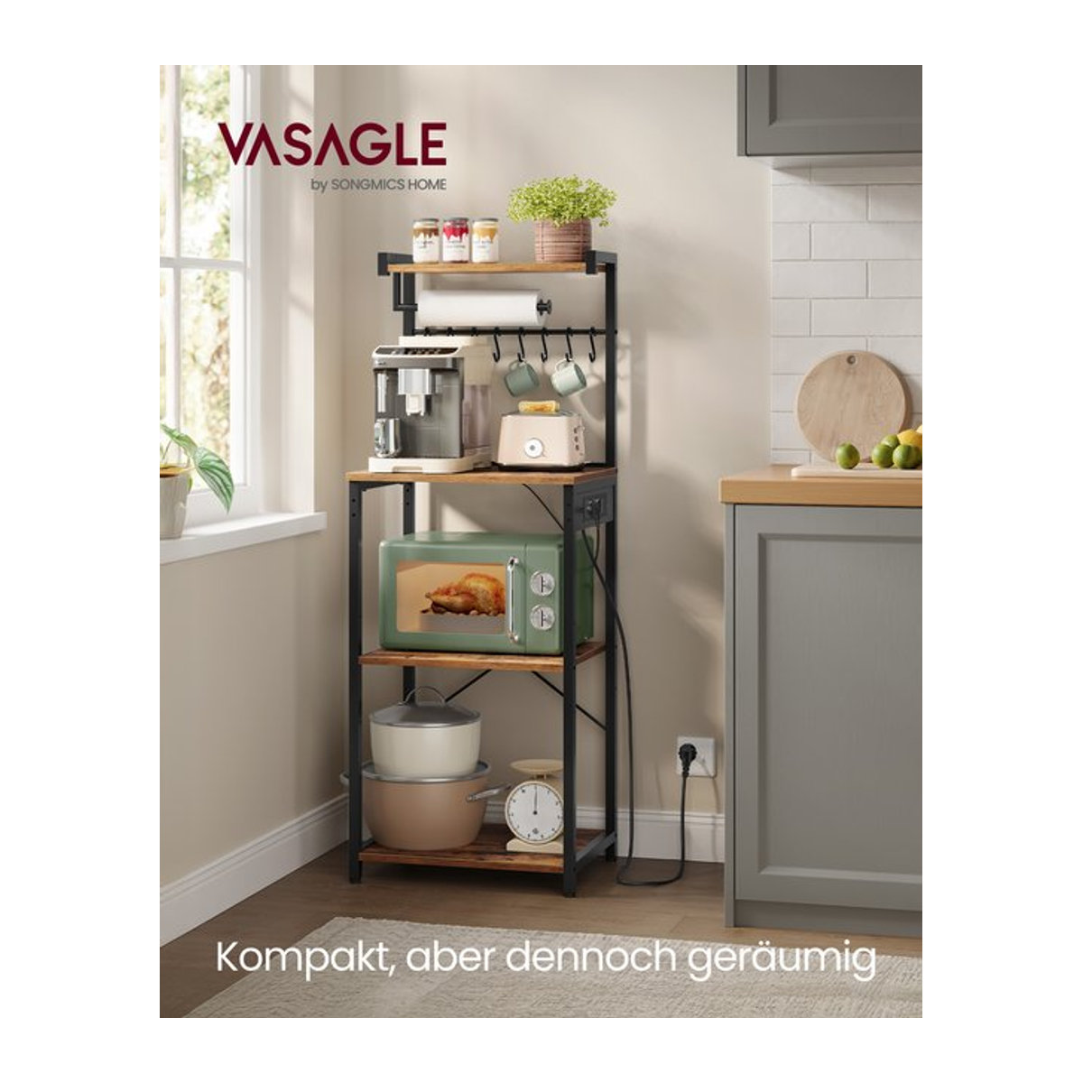 VASAGLE Standregal im Industrial Design mit 4 Ebenen, Ladestation und 8 Haken, Farbe: Braun/Schwarz, B/T/H: 40 x 45 x 140 cm - Bild 1