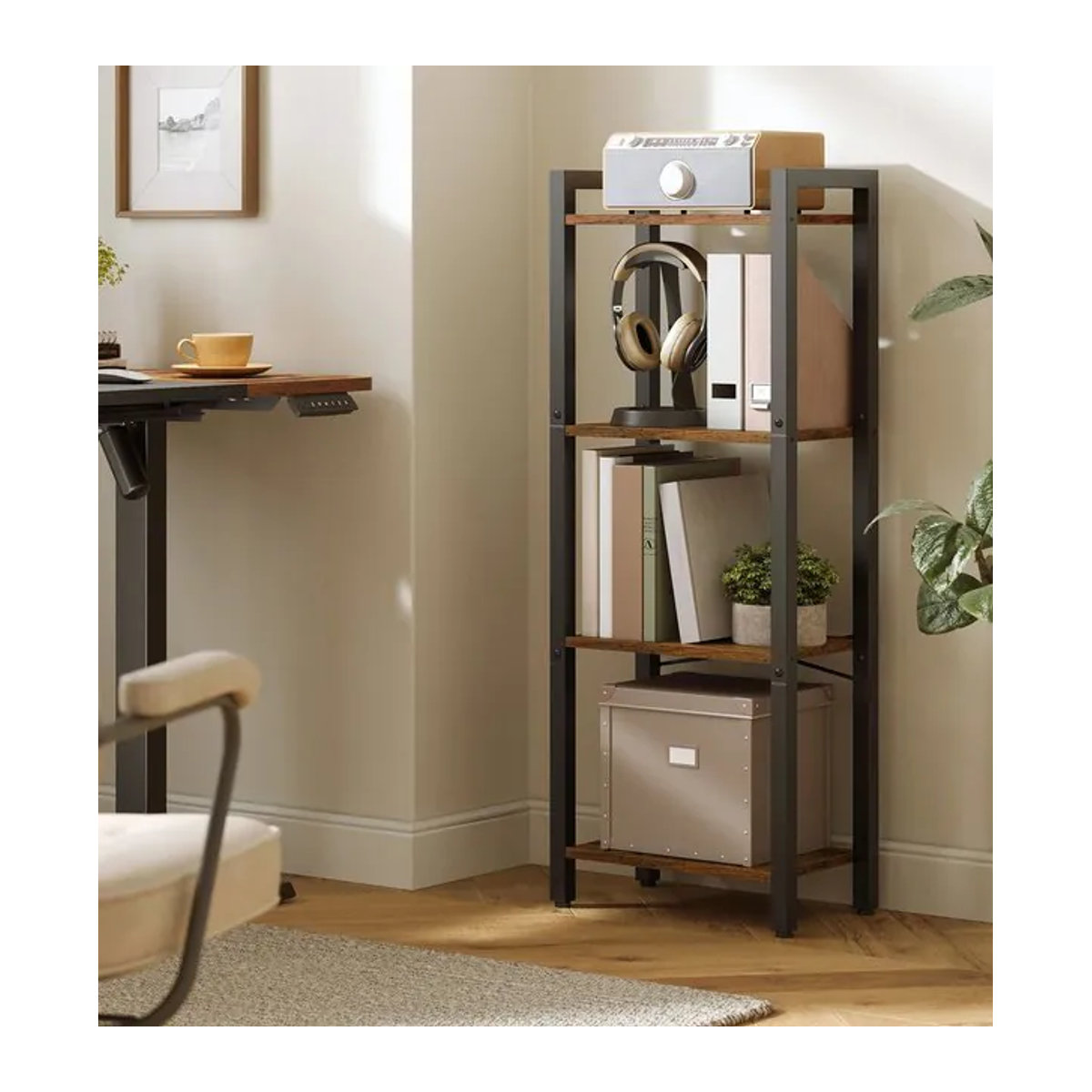 VASAGLE Standregal im Industrial Design mit 4 Ebenen, offene Ablagen, Braun/Metall - Bild 1