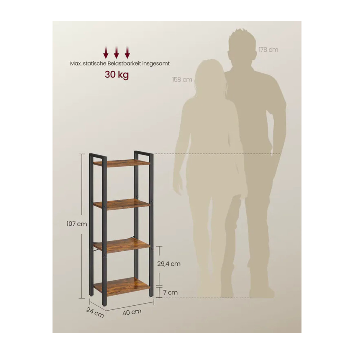 VASAGLE Standregal im Industrial Design mit 4 Ebenen, offene Ablagen, Braun/Metall - Bild 3