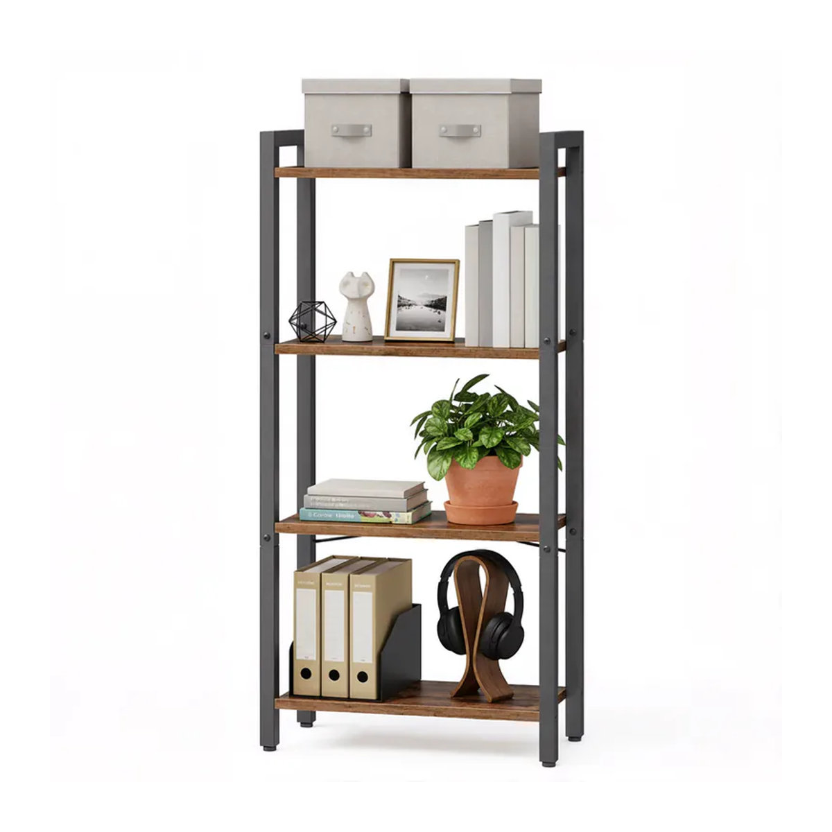 VASAGLE Standregal im Industrial Design mit 4 Ebenen, offene Ablagen, Braun/Metall - Bild 4