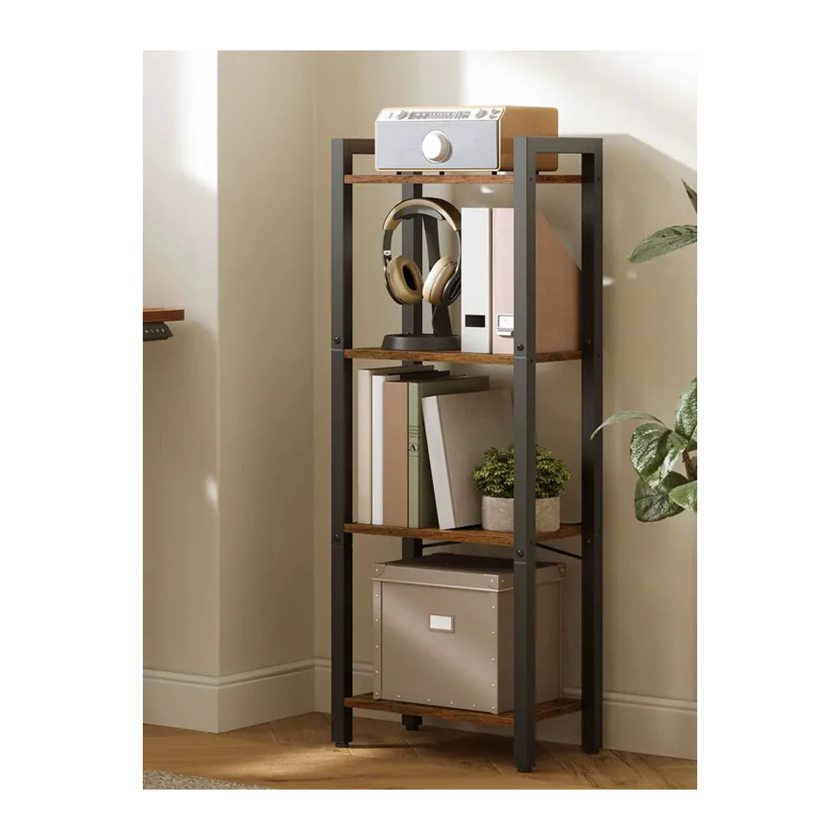 VASAGLE Standregal im Industrial Design mit 4 Ebenen, offene Ablagen, Braun/Metall - Bild 5