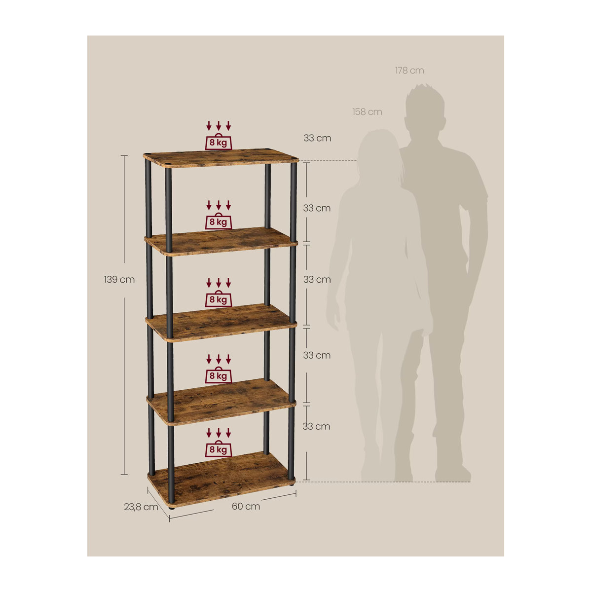 VASAGLE Standregal im Industrial Design mit 5 Ebenen, braun-schwarz, B/T/H: 60 x 23,8 x 139 cm - Bild 4