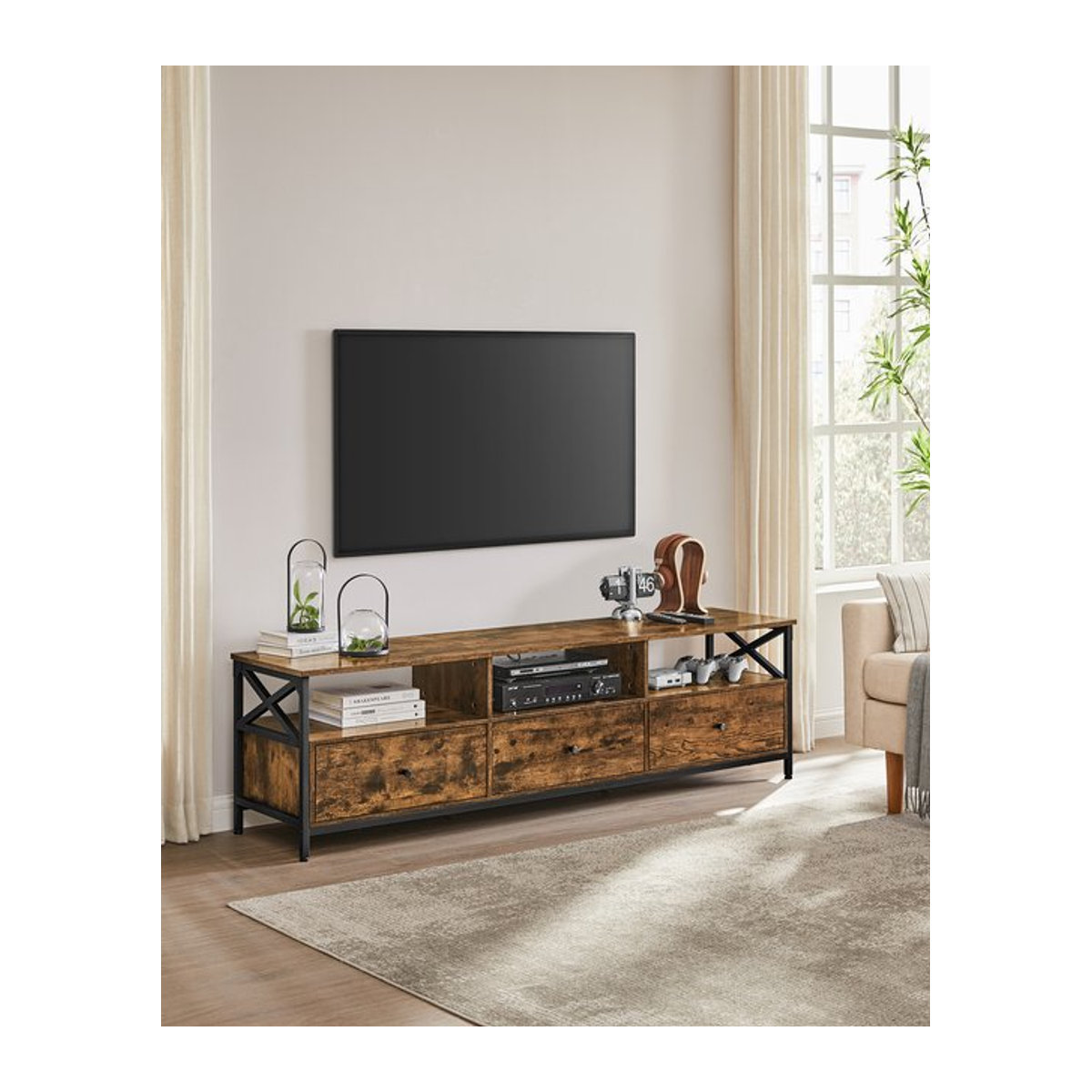 VASAGLE TV-Schrank Lowboard im Industrial Design für Fernseher bis 80 Zoll mit 3 Stoffschubladen und 3 offenen Fächern in Braun/Schwarz - Bild 1