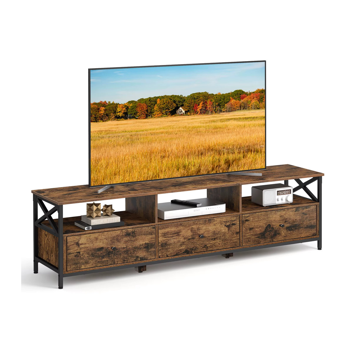 VASAGLE TV-Schrank Lowboard im Industrial Design für Fernseher bis 80 Zoll mit 3 Stoffschubladen und 3 offenen Fächern in Braun/Schwarz - Bild 2