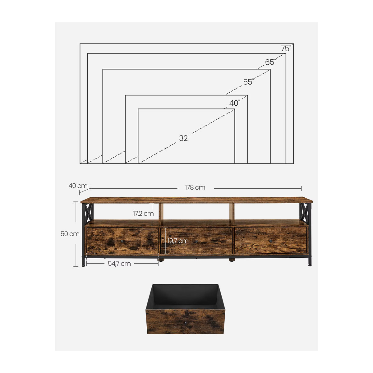 VASAGLE TV-Schrank Lowboard im Industrial Design für Fernseher bis 80 Zoll mit 3 Stoffschubladen und 3 offenen Fächern in Braun/Schwarz - Bild 3