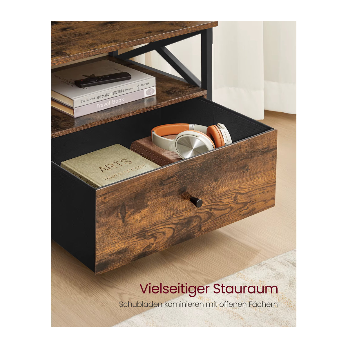 VASAGLE TV-Schrank Lowboard im Industrial Design für Fernseher bis 80 Zoll mit 3 Stoffschubladen und 3 offenen Fächern in Braun/Schwarz - Bild 4