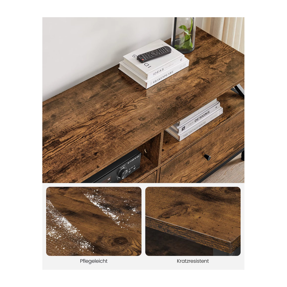 VASAGLE TV-Schrank Lowboard im Industrial Design für Fernseher bis 80 Zoll mit 3 Stoffschubladen und 3 offenen Fächern in Braun/Schwarz - Bild 5