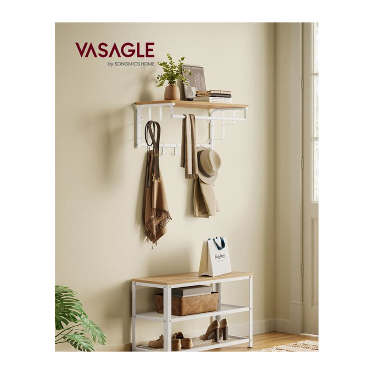 VASAGLE Wandgarderobe mit Ablage und 5 abnehmbaren Haken in Skandinavischem Design für den Flur - Bild 1