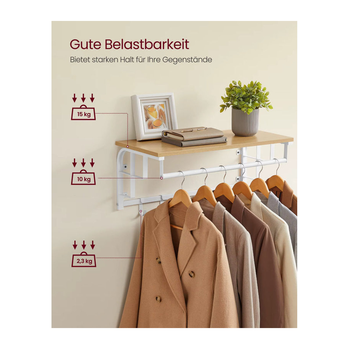 VASAGLE Wandgarderobe mit Ablage und 5 abnehmbaren Haken in Skandinavischem Design für den Flur - Bild 4