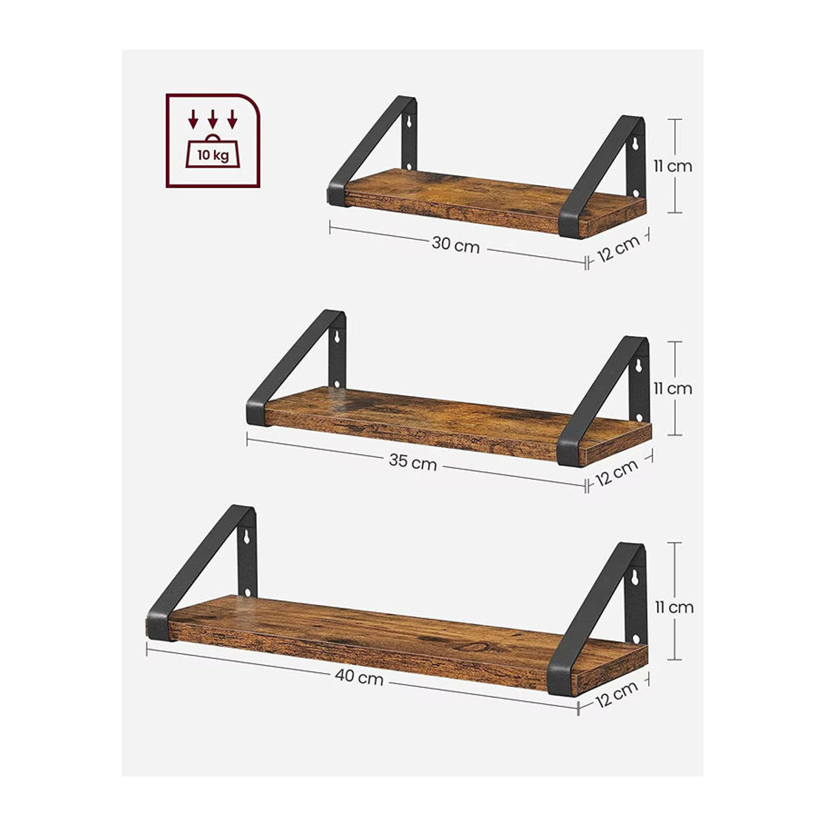 VASAGLE Wandregal im Industrial Design aus Holzwerkstoff, 3er Set, Weiß und Braun - Bild 2