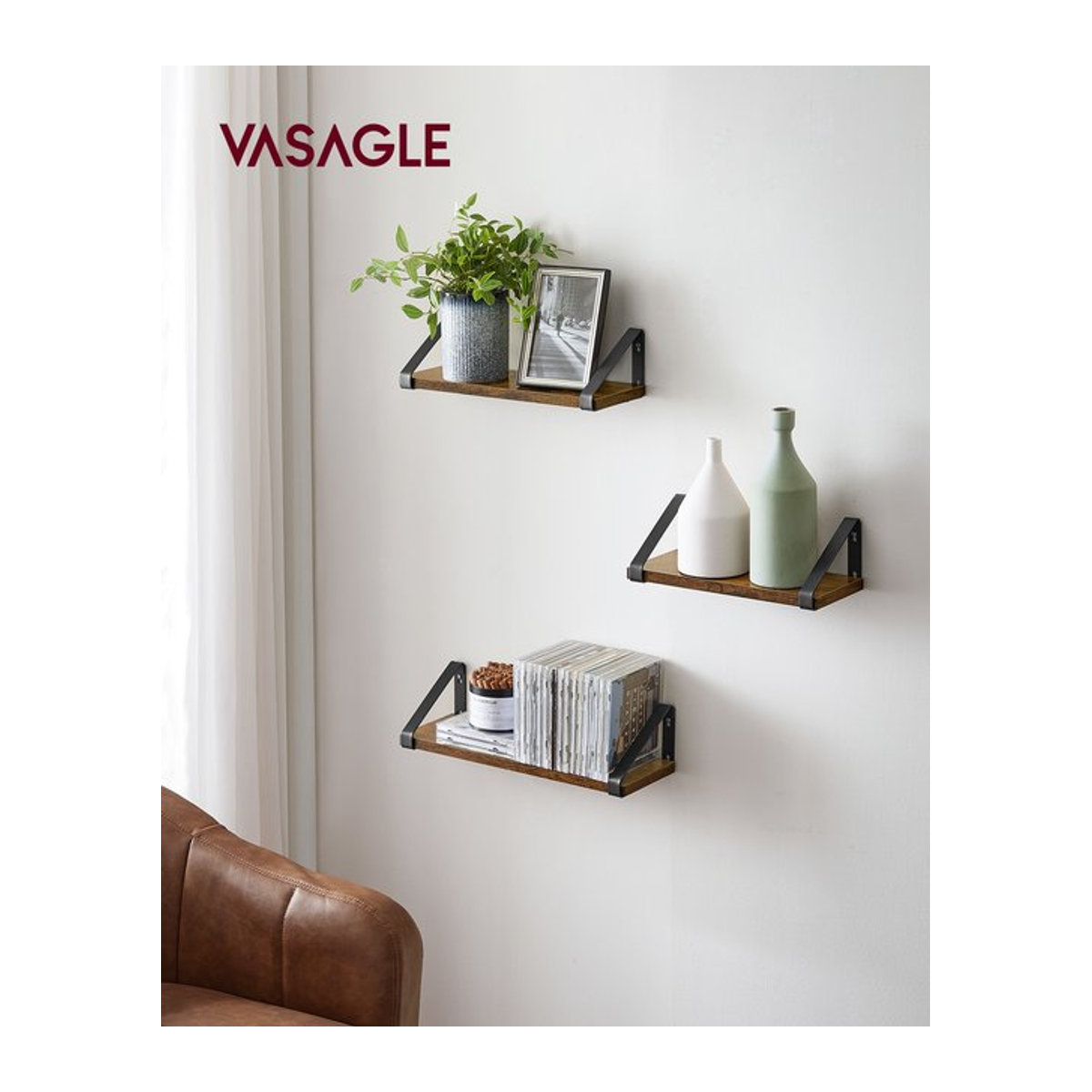 VASAGLE Wandregal im Industrie-Design, 3er Set Schweberegal in Braun Nussbaum zur Wandmontage - Bild 1