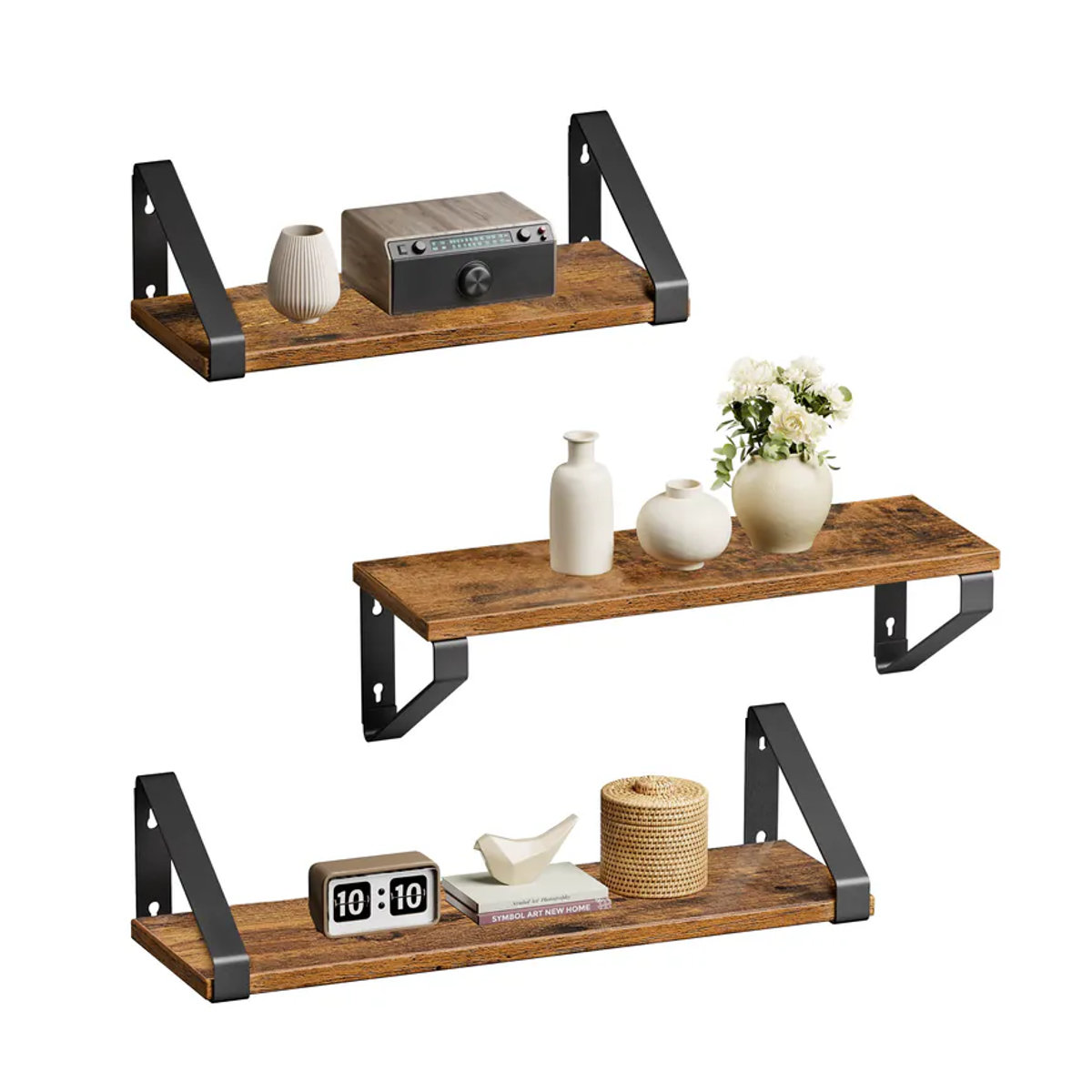 VASAGLE Wandregal im Industrie-Design, 3er Set Schweberegal in Braun Nussbaum zur Wandmontage - Bild 2