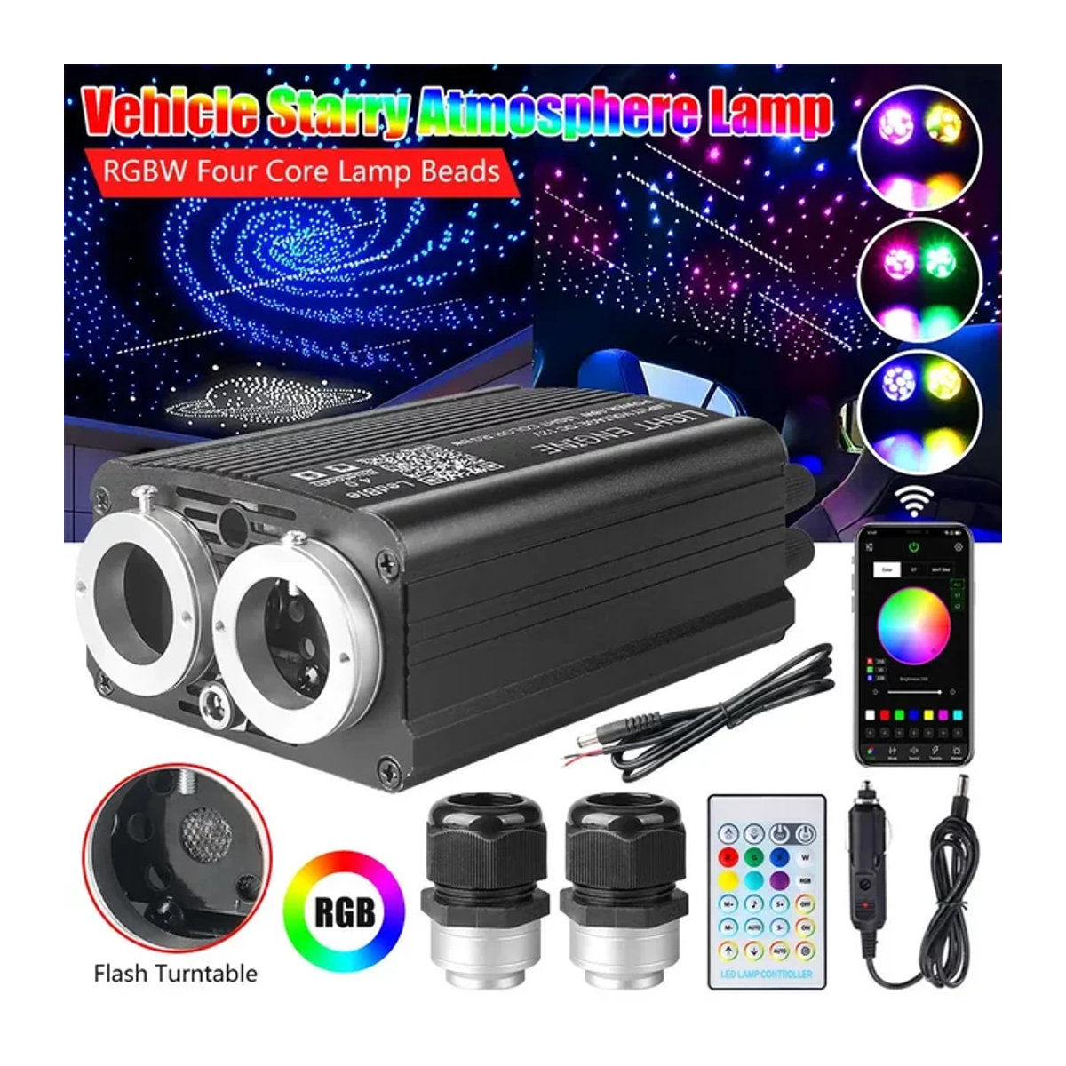 VASTFIRE 32W RGBW LED Glasfaser Sternenhimmel Deckenleuchte Kit mit Doppelkopf und Bluetooth-Steuerung in Bunt - Bild 1