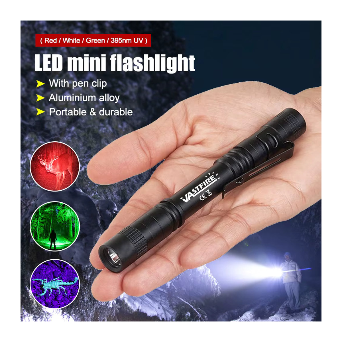 VASTFIRE Mini-Stiftleuchte mit Clip und UV-Licht Rot Weiß 395 nm für Haustiere und Gelderkennung - Bild 2