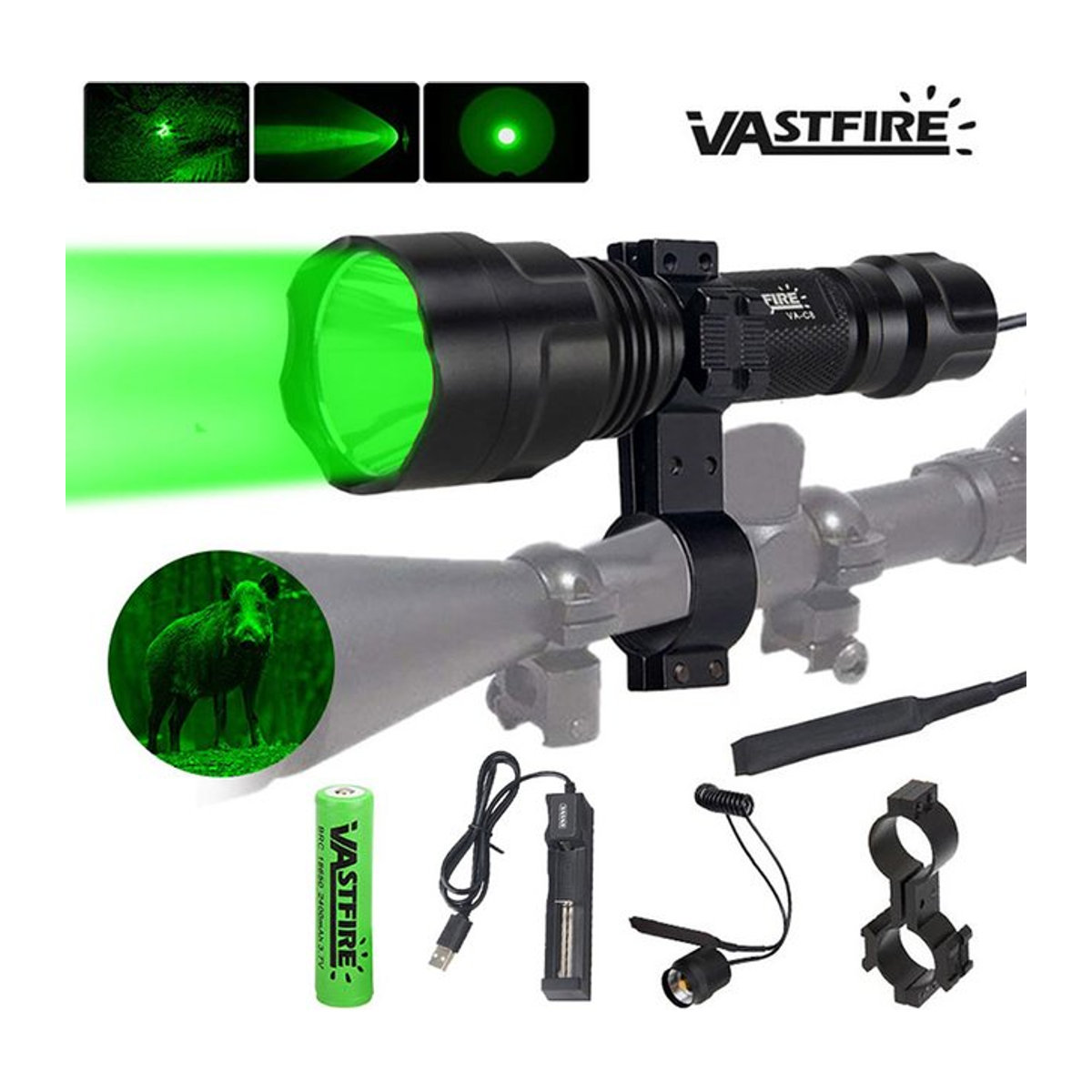 VASTFIRE Taktische LED Taschenlampe C8 in Grün, Rot und Weiß inklusive 18650 Akku, Ladegerät, Fernbedienung und Zielfernrohr-Halterung - Bild 1