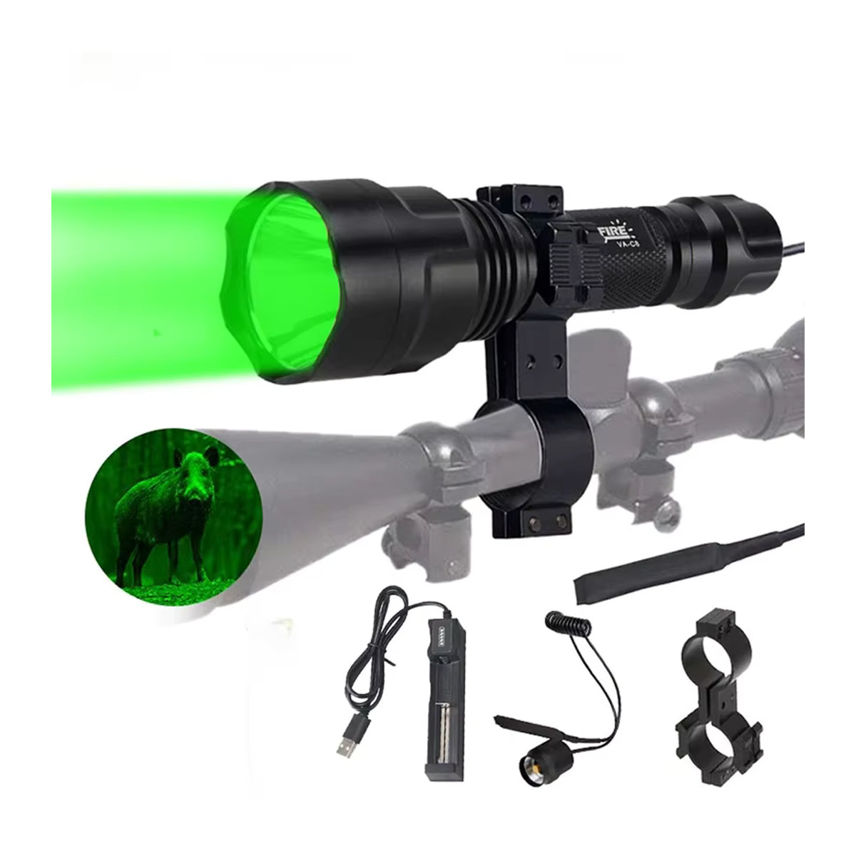 VASTFIRE Taktische LED Taschenlampe C8 in Grün, Rot und Weiß inklusive 18650 Akku, Ladegerät, Fernbedienung und Zielfernrohr-Halterung - Bild 7