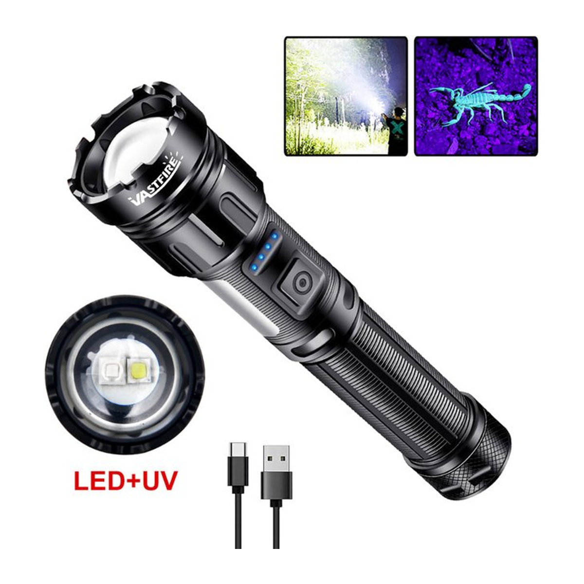 VASTFIRE Taktische Typ-C LED und UV Taschenlampe, wiederaufladbare superhelle Campinglampe - Bild 1
