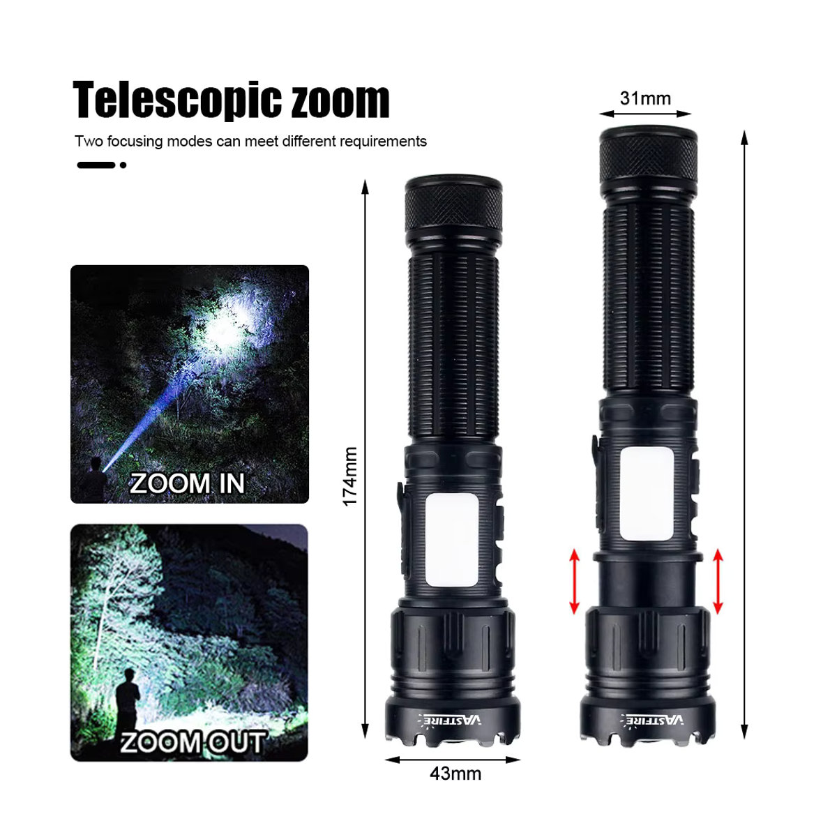 VASTFIRE Taktische Typ-C LED und UV Taschenlampe, wiederaufladbare superhelle Campinglampe - Bild 2