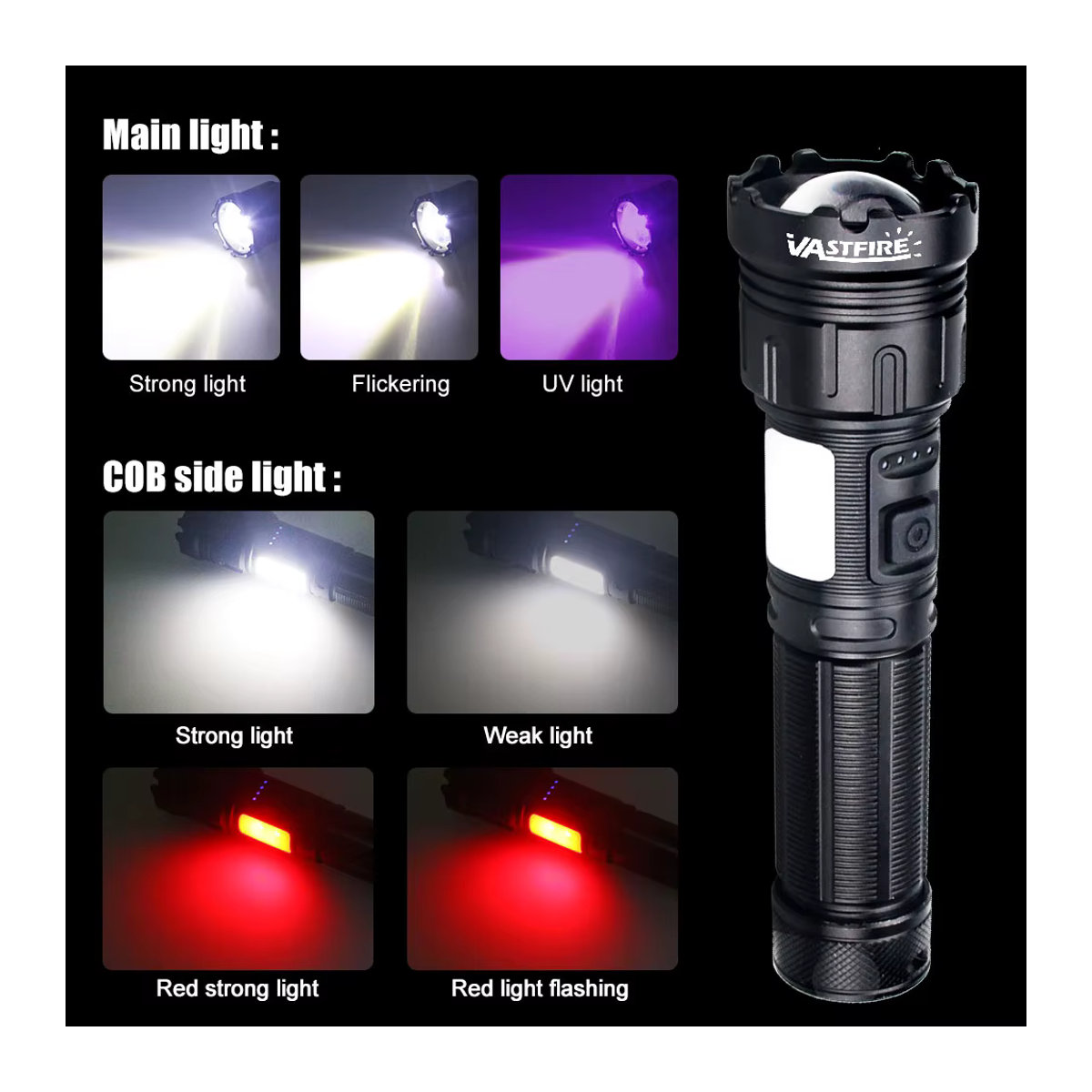 VASTFIRE Taktische Typ-C LED und UV Taschenlampe, wiederaufladbare superhelle Campinglampe - Bild 3