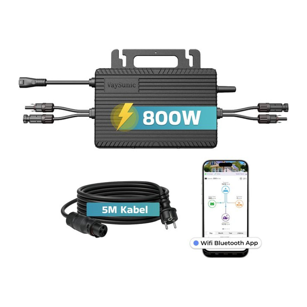 Vaysunic Mikro-Wechselrichter 800 W VM800WE/BE-P2 für Balkonkraftwerk, IP67 wetterfest, 2 MPPT, Sub-1G & WIFI, Schwarz, inkl. 5m Anschlusskabel - Bild 1