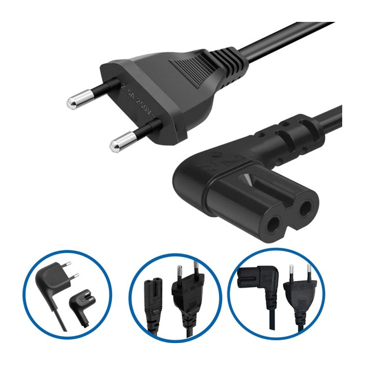 VBDWRM EU-Netzkabel mit 2-poligem Euro-Stecker auf Abbildung 8 IEC 320-C7 für Samsung-Fernseher, Drucker, Scanner und Kameras, Kupferleiter, Schwarz - Bild 1