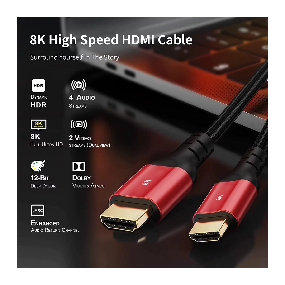 VBDWRM Ultra High Speed HDMI 2.1 Kabel für 8K 60Hz und 4K 120Hz in Schwarz und Rot - Bild 3