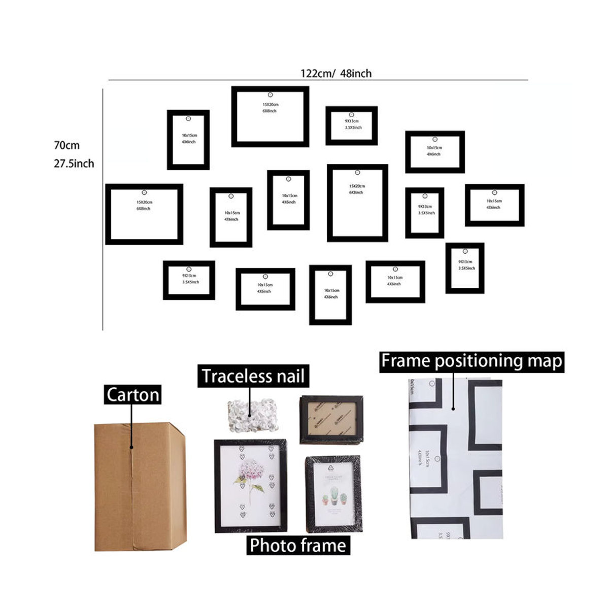 VCC 15er Set Bilderrahmen aus Holz für Wandmontage, rechteckig und modern, Schwarz und Weiß - Bild 2