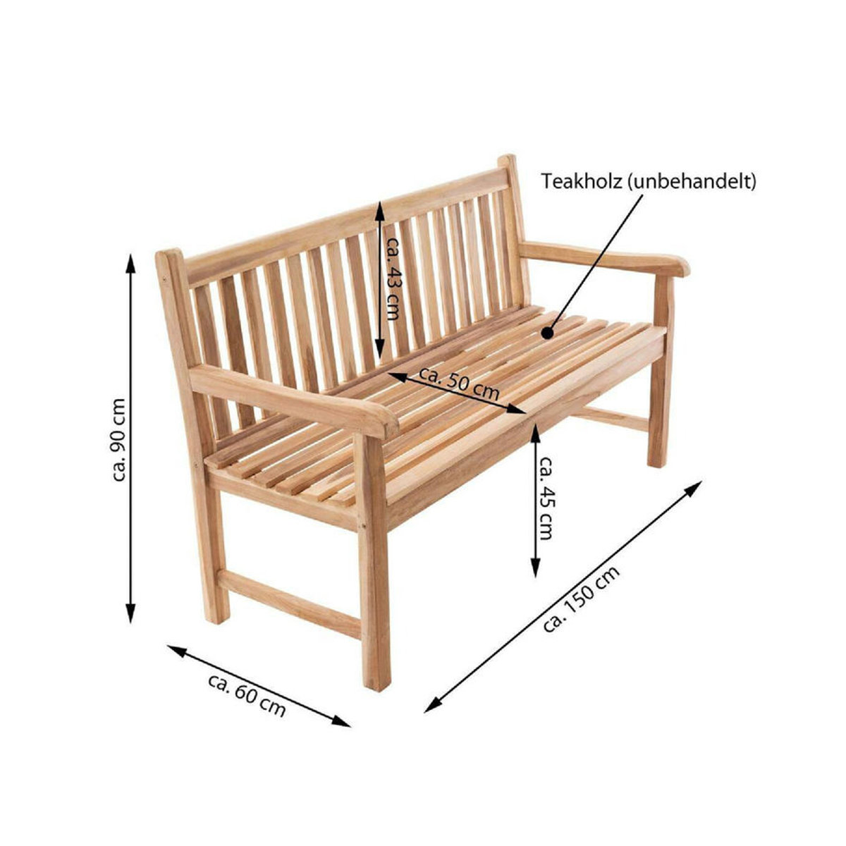 VCM 3-Sitzer Gartenbank aus Teakholz in Braun im Landhausstil, B: 60 cm, H: 90 cm, L: 150 cm - Bild 1
