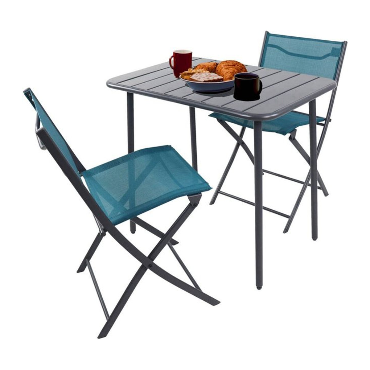 VCM 3-teiliges Balkonmöbel Set Sumila in Türkis aus Metall und Textil mit Gartentisch und 2 Klappstühlen, B/H/L: 80 x 72 x 55 cm - Bild 1