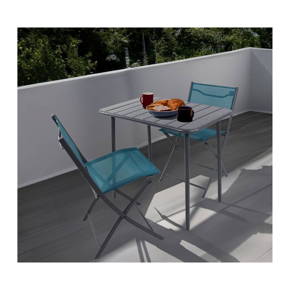 VCM 3-teiliges Balkonmöbel Set Sumila in Türkis aus Metall und Textil mit Gartentisch und 2 Klappstühlen, B/H/L: 80 x 72 x 55 cm - Bild 4