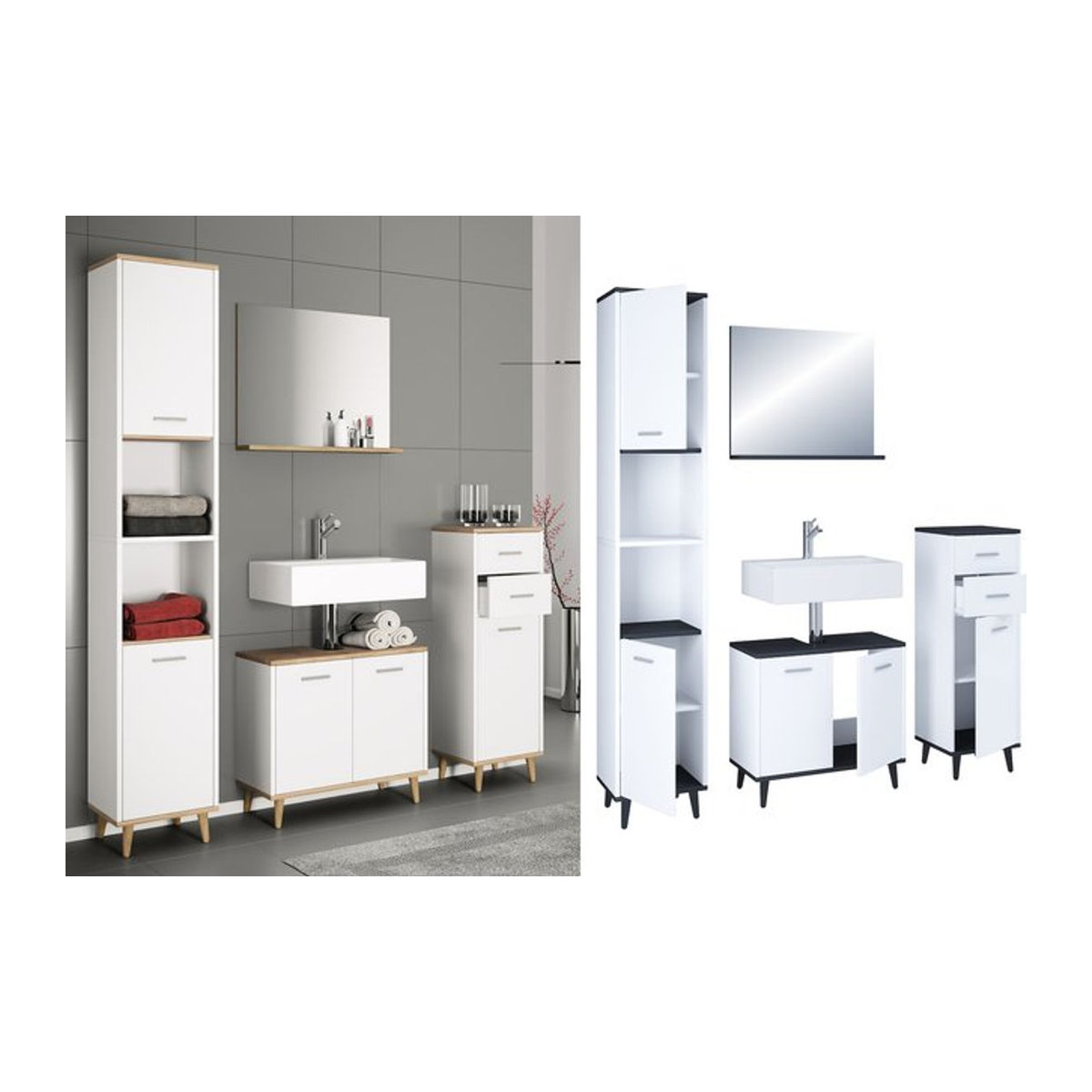 VCM 4-tlg. Badmöbelset Landhaus im minimalistischen Design in Weiß bestehend aus Unterschrank, Midischrank, Hochschrank und Spiegel - Bild 1
