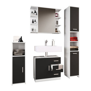 VCM 4-tlg. Badmöbelset Zalo III in Schwarz mit Unterschrank, Midischrank, Hochschrank und Spiegelschrank, B/H/T: 63 x 56 x 30 cm
