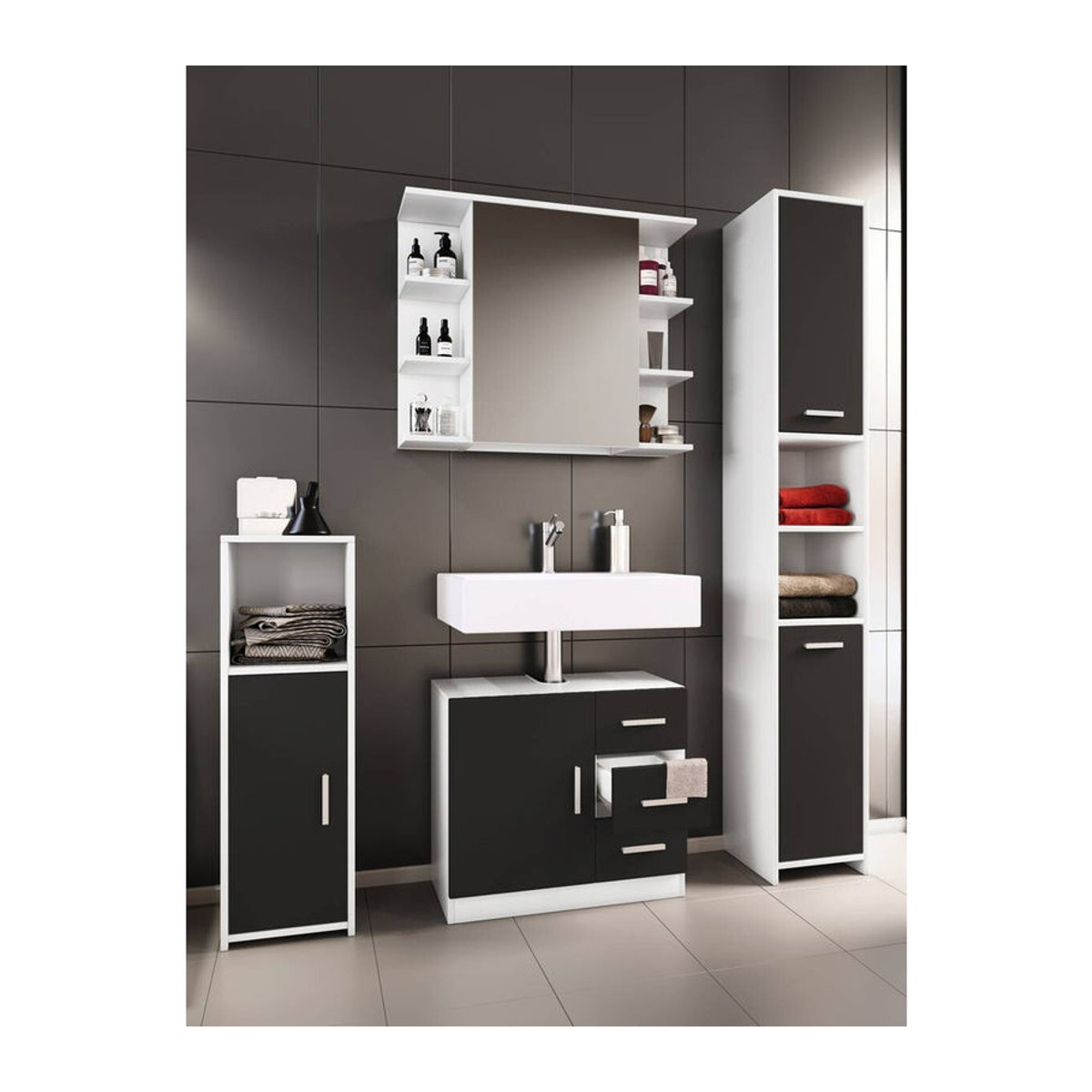 VCM 4-tlg. Badmöbelset Zalo III in Schwarz mit Unterschrank, Midischrank, Hochschrank und Spiegelschrank, B/H/T: 63 x 56 x 30 cm - Bild 3
