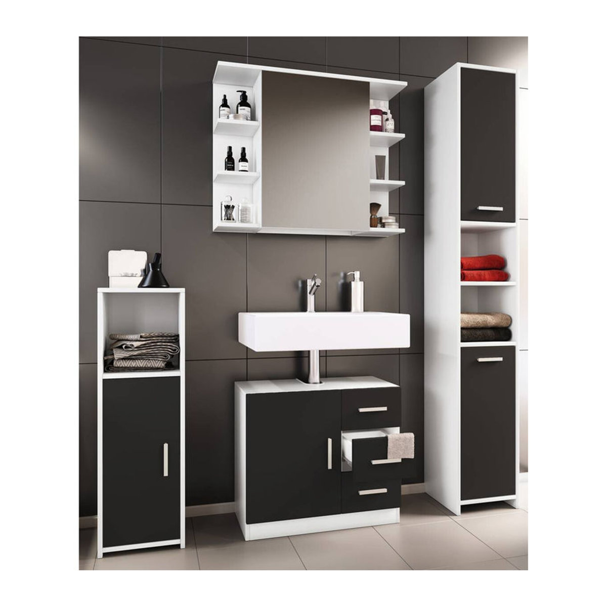 VCM 4-tlg. Badmöbelset Zalo III in Schwarz mit Unterschrank, Midischrank, Hochschrank und Spiegelschrank, B/H/T: 63 x 56 x 30 cm - Bild 4