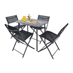 VCM 5-teiliges Balkonmöbel Set Sumila in Schwarz aus Metall und Textilene mit Gartentisch und 4 Klappstühlen, Tisch Breite: 80 cm, Tiefe: 55 cm