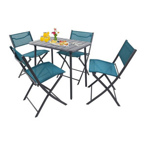 VCM 5-teiliges Balkonmöbel Set Sumila in Türkis aus Metall und Textilene mit Gartentisch und 4 Klappstühlen