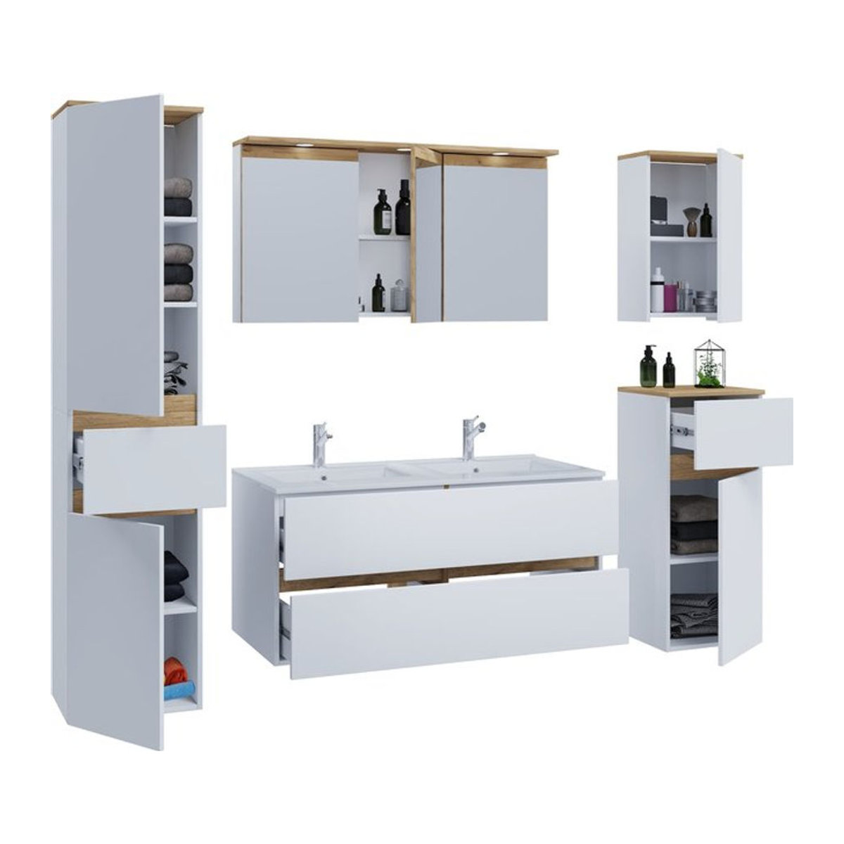 VCM 6-teiliges Doppelwaschtisch Set Cosila in Weiß mit Keramikbecken, Spiegelschrank mit Beleuchtung und Steckdose sowie Badschrank, H: 51 cm, B: 111 cm, T: 51 cm - Bild 1
