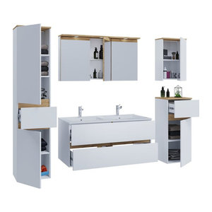 VCM 6-teiliges Doppelwaschtisch Set Cosila in Weiß mit Keramikbecken, Spiegelschrank mit Beleuchtung und Steckdose sowie Badschrank, H: 51 cm, B: 111 cm, T: 51 cm