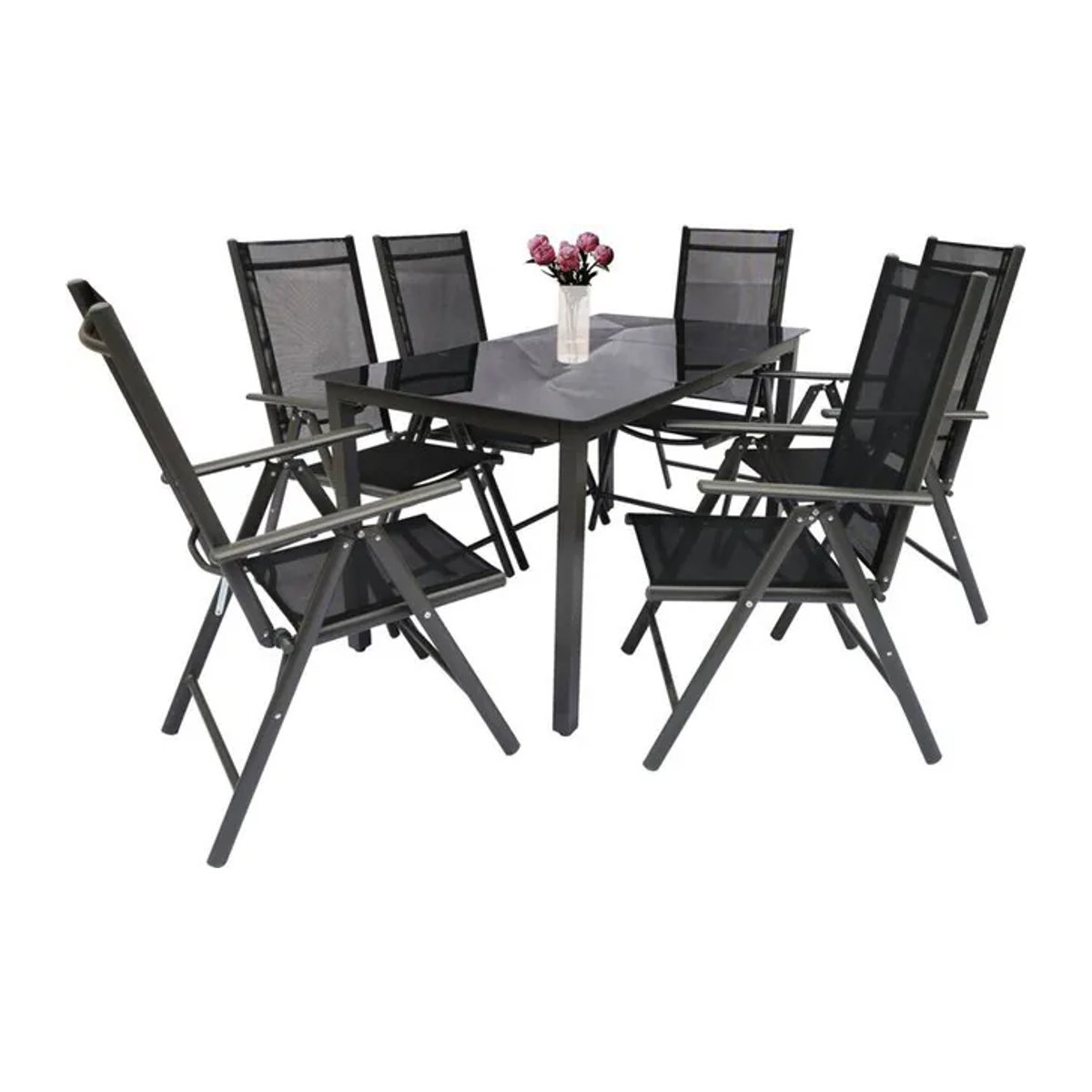 VCM 7-teiliges Gartenmöbel Set Essgruppe aus Metall und Glas in Anthrazit und Schwarz, bestehend aus 1 Tisch und 6 Stühlen, Tisch Maße H: 76 cm, B: 140 cm, T: 80 cm - Bild 2