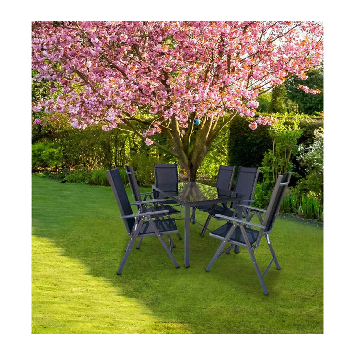 VCM 7-teiliges Gartenmöbel Set Essgruppe aus Metall und Glas in Anthrazit und Schwarz, bestehend aus 1 Tisch und 6 Stühlen, Tisch Maße H: 76 cm, B: 140 cm, T: 80 cm - Bild 3