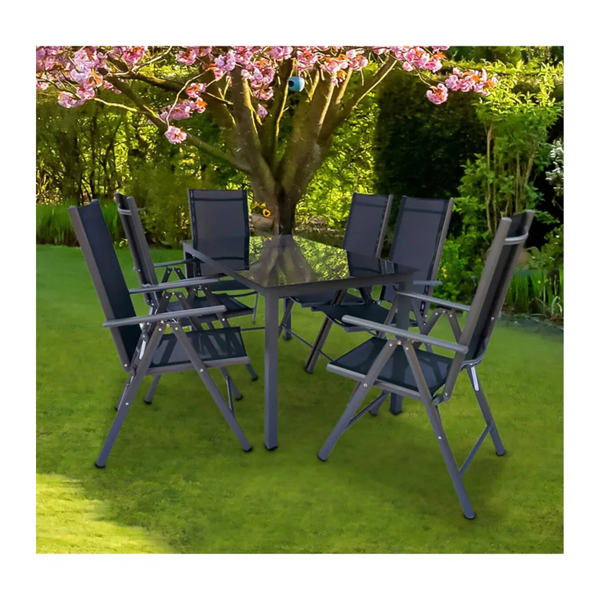 VCM 7-teiliges Gartenmöbel Set Essgruppe aus Metall und Glas in Anthrazit und Schwarz, bestehend aus 1 Tisch und 6 Stühlen, Tisch Maße H: 76 cm, B: 140 cm, T: 80 cm - Bild 5