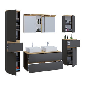 VCM 7-tlg. Doppelwaschtisch Cosila in Anthrazit mit 2 Keramikbecken, Badschrank mit 2 Softclose-Schubladen, Spiegelschrank mit Beleuchtung und Steckdose, Midi- und Hängeschrank, Waschplatz Set Cosila-A, B/T/H: 111 x 51 x 51 cm, Wandmontage