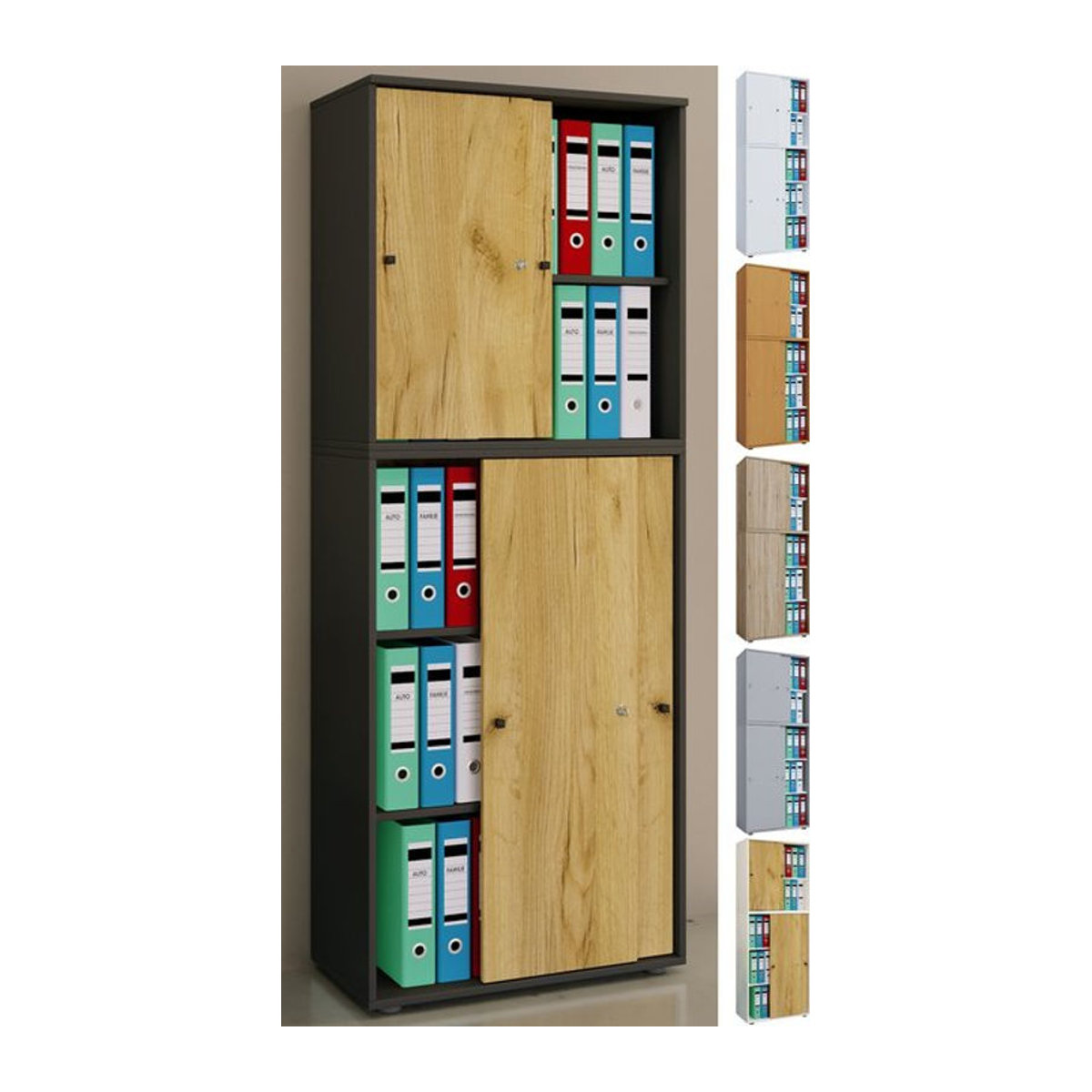 VCM Aktenschrank Lona XXL mit Schiebetüren aus Holzwerkstoff, B/T/H: 70 x 37 x 184 cm, Weiß, Braun oder Eiche Natur - Bild 2