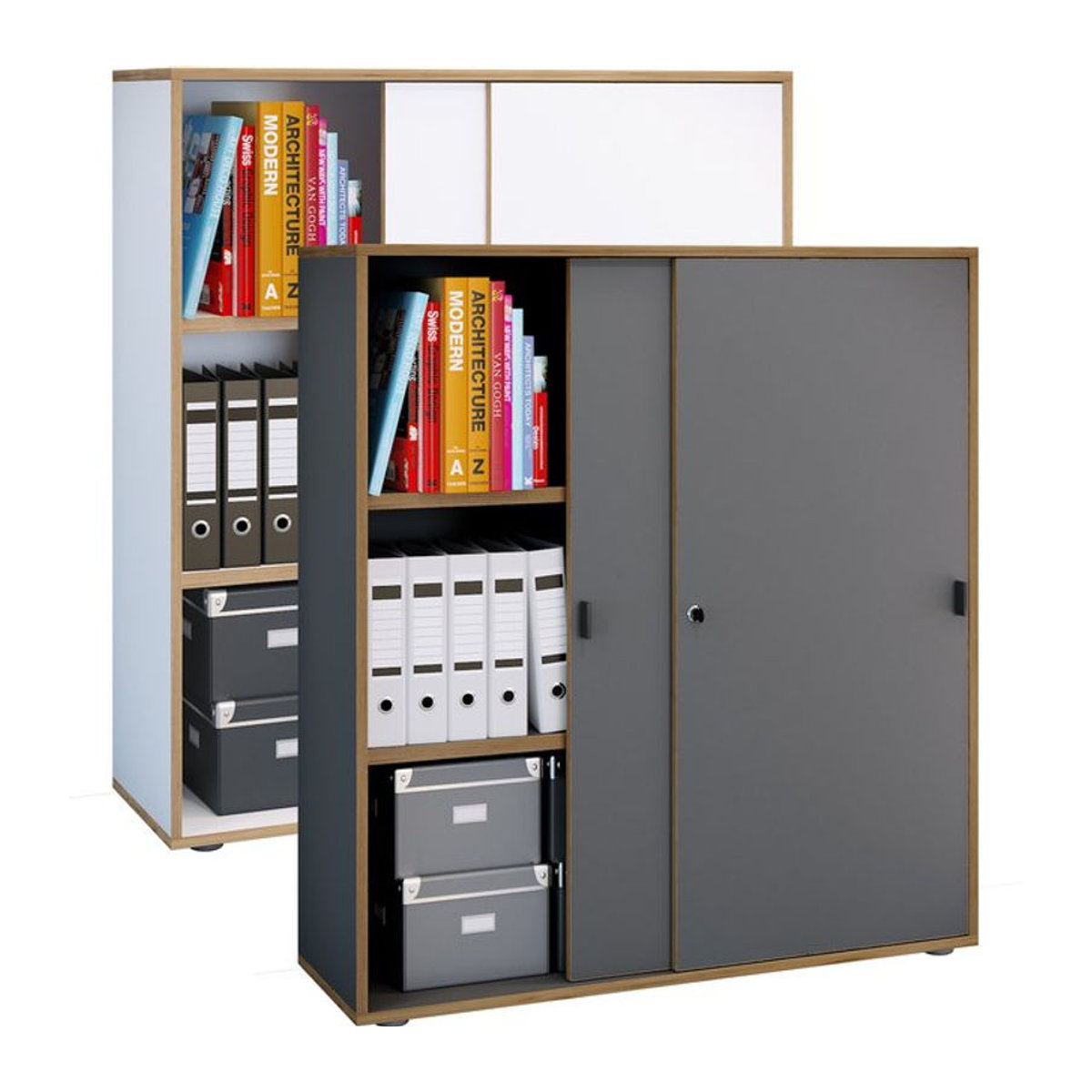VCM Aktenschrank Salia mit 3 Fächern und Schwebetüren, Anthrazit, H x B x T: 110 x 100 x 37 cm - Bild 1