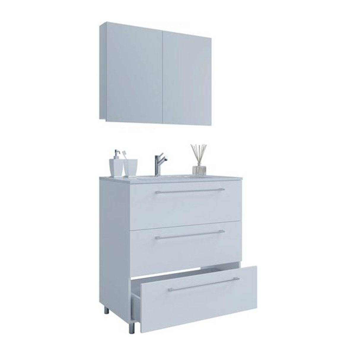 VCM Badinos 3-tlg. Waschplatz-Set in Weiß mit Waschtisch, Unterschrank und Spiegelschrank, B/H/T: 60 x 86 x 46 cm - Bild 1
