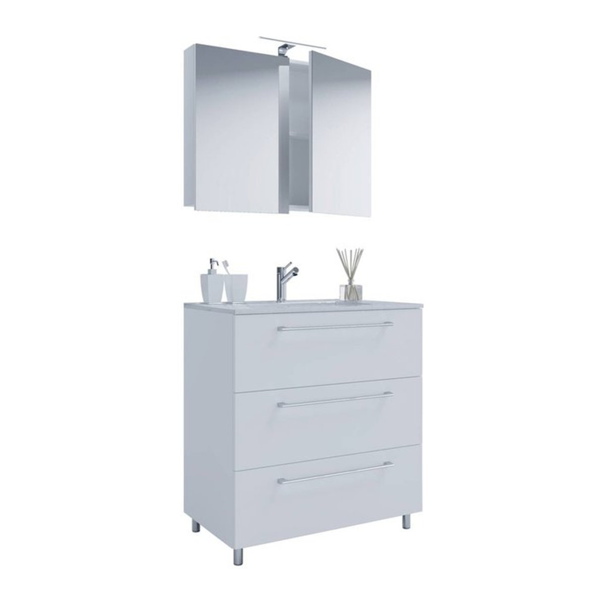 VCM Badinos 3-tlg. Waschplatz-Set in Weiß mit Waschtisch, Unterschrank und Spiegelschrank, B/H/T: 60 x 86 x 46 cm - Bild 2