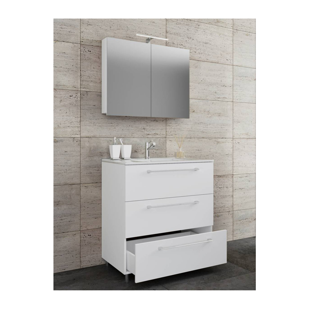 VCM Badinos 3-tlg. Waschplatz-Set in Weiß mit Waschtisch, Unterschrank und Spiegelschrank, B/H/T: 60 x 86 x 46 cm - Bild 3