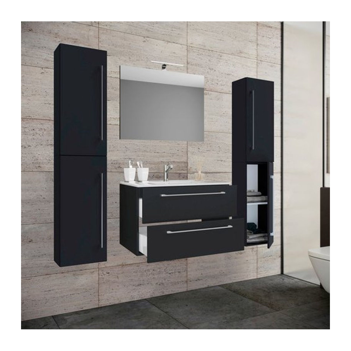 VCM Badinos 5-tlg. Badmöbel-Set in Schwarz mit Keramik-Waschbecken und Spiegel, B/H/T: 80 x 150 x 46 cm - Bild 1
